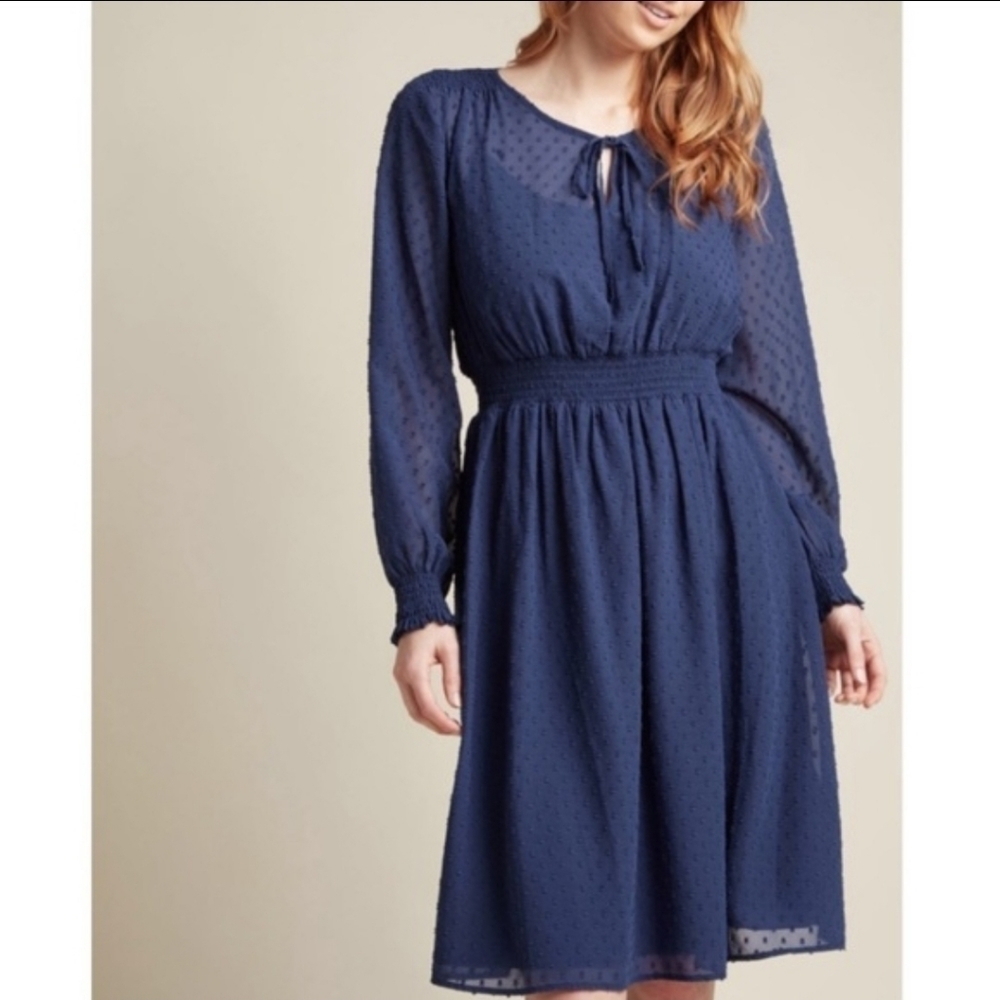 Modcloth blue clip dot long sleeve Midi dress Boho Bohemian Romantic  Flirty